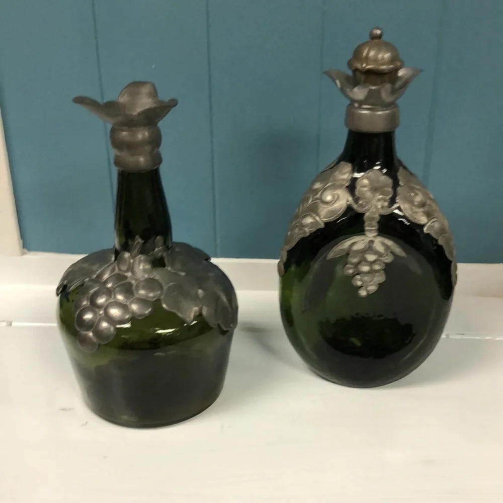 2‎ Vtg Decanter Green Glass Pewter Marked Denmark Rare Retro Collectible Grape